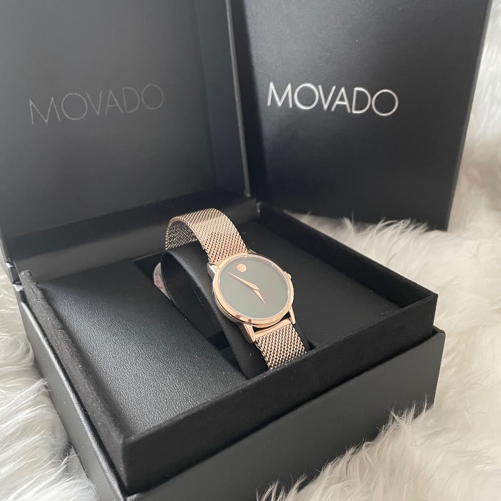 Movado Museum classic stainless steel with mother of pearl dial on rose gold